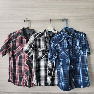 Rock Republic Mens S Button Up Short Sleeve Casual Plaid Red White Blue Lot of 3